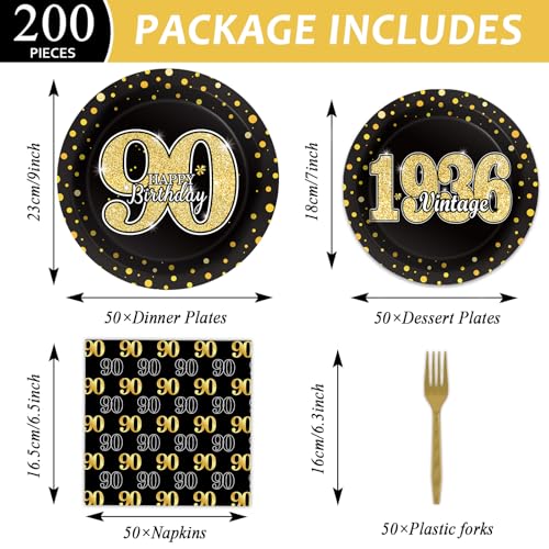 Image of 200PCS 90th Theme Birthday Party Tableware Vintage 1936 Party Supplies 90 year old Birthday Party Decorations Plates Napkins Forks Black and Gold Dinnerware Favors for Men or Women