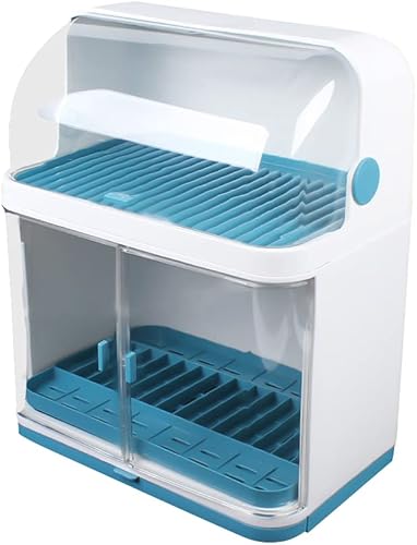 Escurridor de platos de 2 niveles con cubierta de tapa, escurridor de cubiertos, soporte para platos de cocina, vasos, platos grandes, estuche de