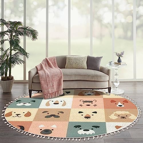 Image of Round Boho Rug Cute Dogs for Kids and Baby Animals Nursery Poster for Greeting Cards Area Rug Linen Rug Carpet Patio Rug Hallway Runner Rug Mat Pad Minimalist Home Decor for Living Room Outdoor 6ft