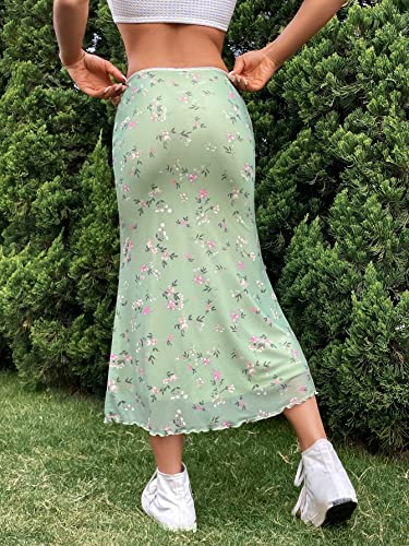Image of GORGLITTER Women's Floral Mesh Lettuce Trim High Waist Boho Mermaid Midi Skirt