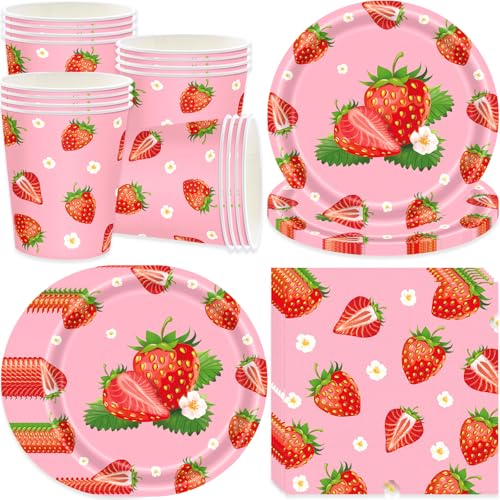 pekifaves Set di stoviglie per feste Fragola per 16 ospiti, Set Compleanno Fragola, Piatti di Carta, Bicchieri di Carta, Tovaglioli, per feste di compleanno, per ragazze, baby shower