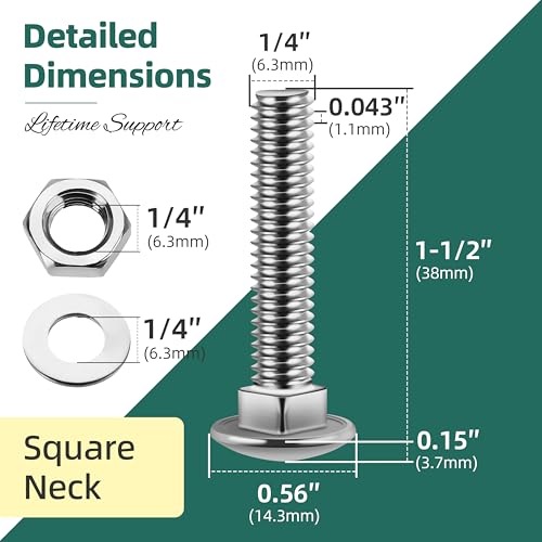 Image of (20 Sets) 1 /4-20 x 1-1 /2 Carriage Bolts with Nuts and Washers, 304 Stainless Steel Round Head Square Neck 1 /4 Carriage Bolts Screws, Full Thread for Outdoor
