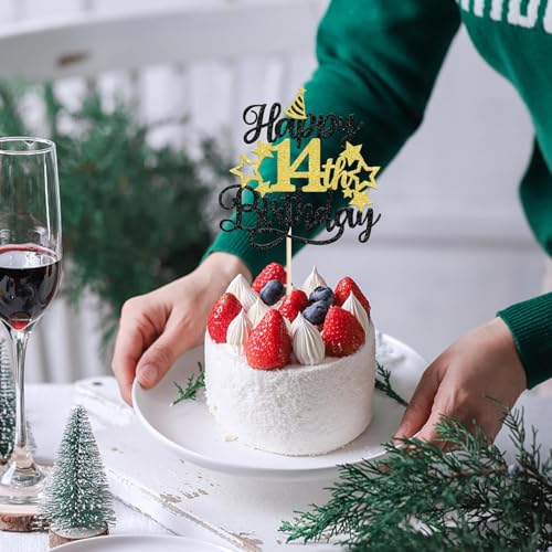 Image of Confetti! Glittering 14th Birthday Cake Topper with Star Hat - Cheers to 14 Years! Fabulous Cake Decorations for Kids' 14th Birthday & Anniversary Party Supply