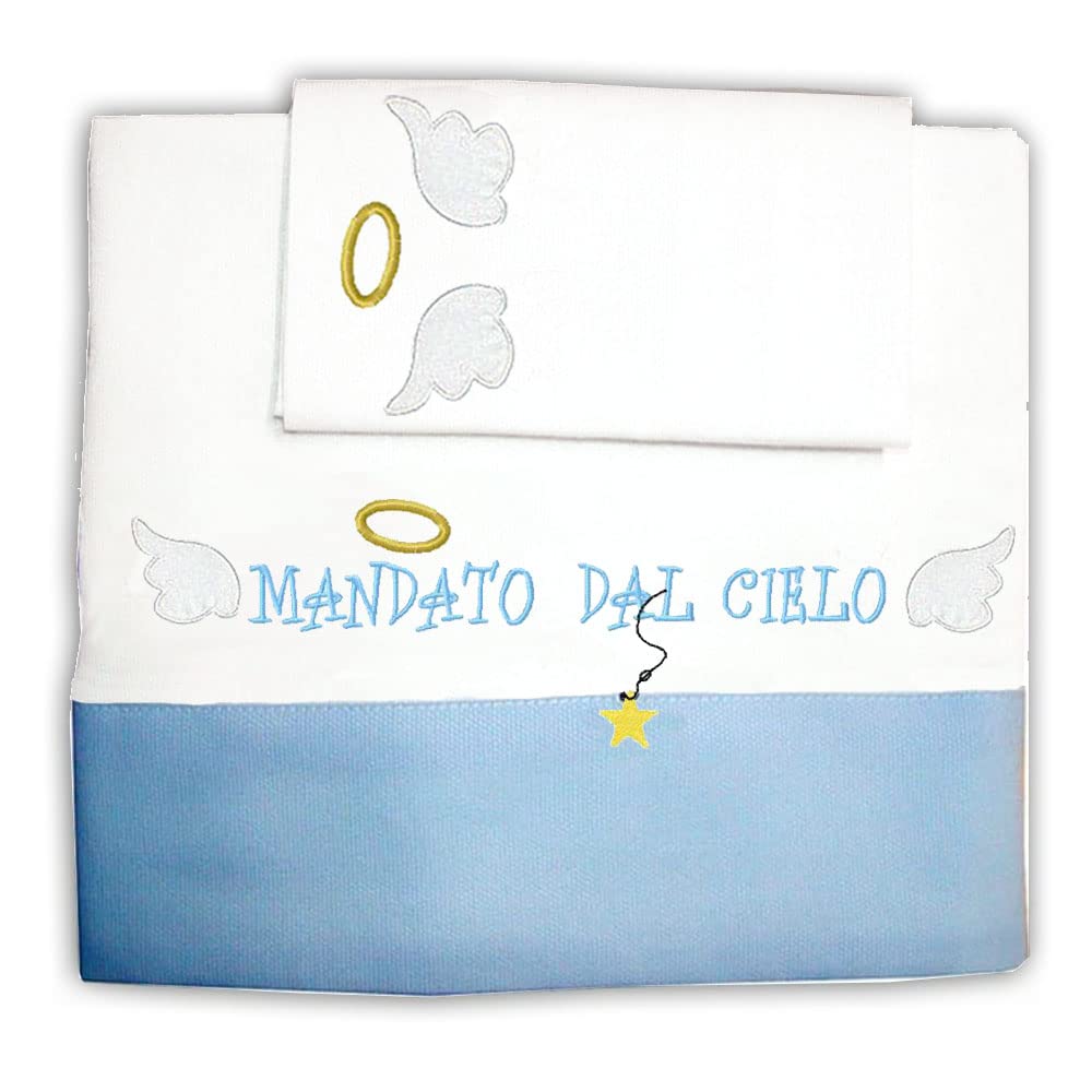 Juego de 3 piezas de sábanas de piqué enviado desde el cielo | Color: azul | Funda de almohada, sábana bajera y protector de colchón con elástico | Medidas 90 x 75 cm para cuna | Hecho a
