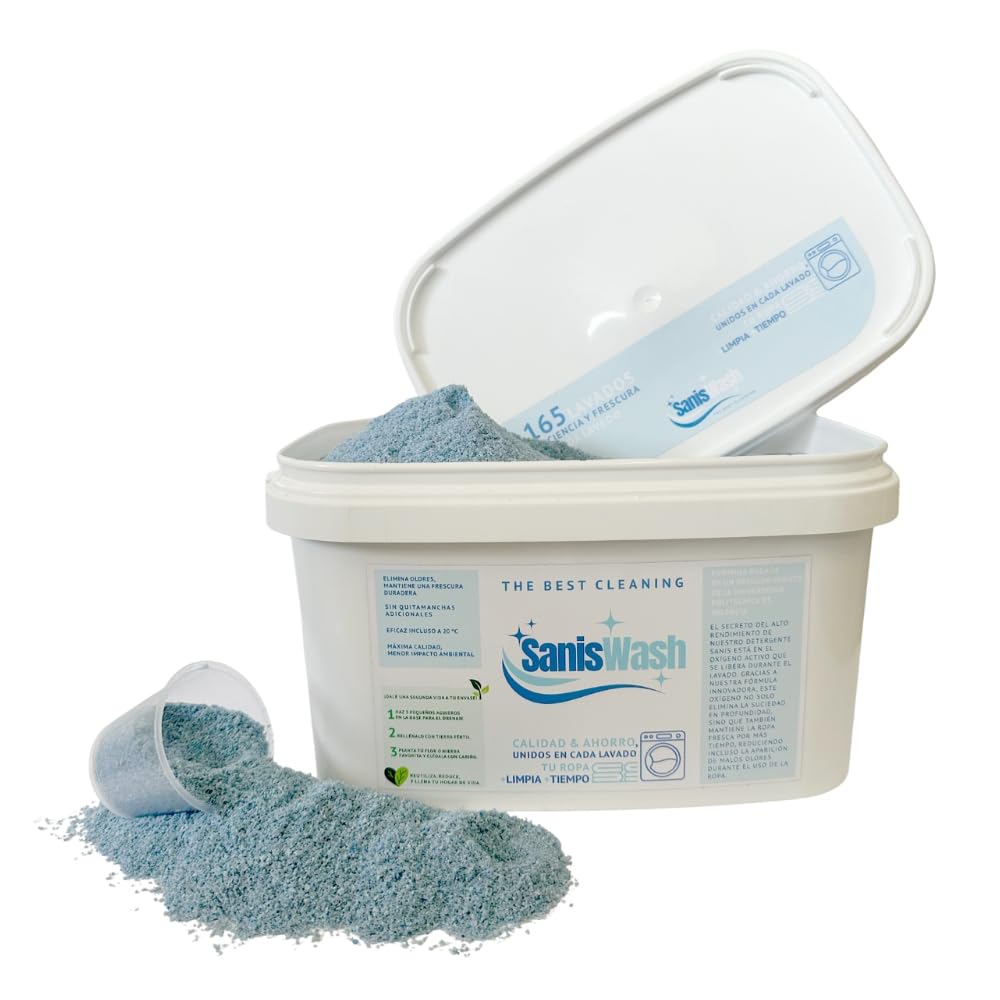 SanisWash, Detergente en Polvo con Oxígeno Activo, Detergente para Lavadora, Eficaz Incluso a 20º, Elimina el Olor en la Ropa Deportiva, Ropa Limpia y Fresca, 165 Lavados, 5Kg