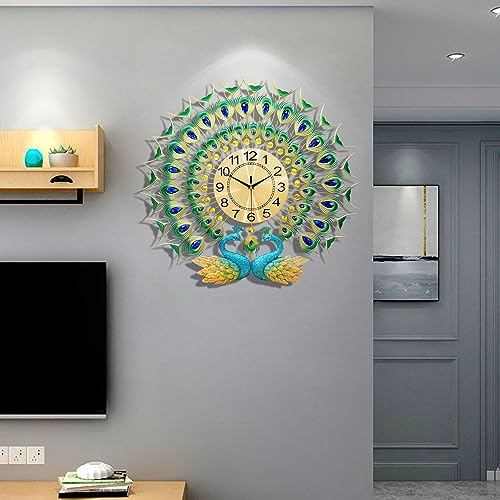 Image of Large Peacock Wall Clock 27.6 inch Non-Ticking Silent Crystal Creative Personality Modern Art Decorative Wall Clocks for Living Room Decor