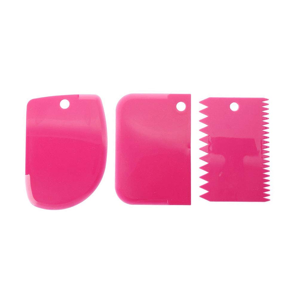 3Pcs/Set Cake Spatula Plastic Dough Knife Icing Fondant Scraper Jagged Edge Plain Smooth Cake Paddle Baking Cake Spatulas(Rose Red)