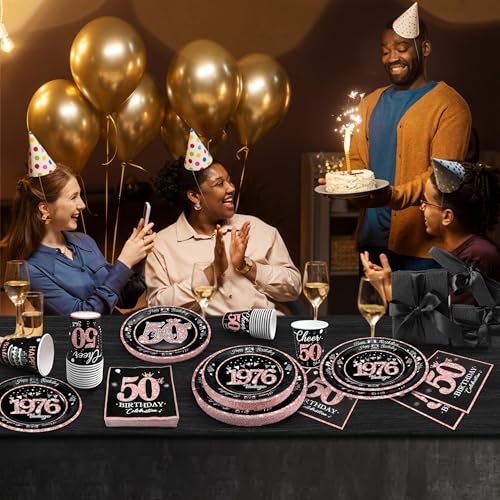 Image of 50th Birthday Decorations Rose Gold, Service for 30, Vintage 50th Birthday Party Supplies Includes Rose Gold 1976 Plates, Napkins,Cups, Plates and Napkins for Women