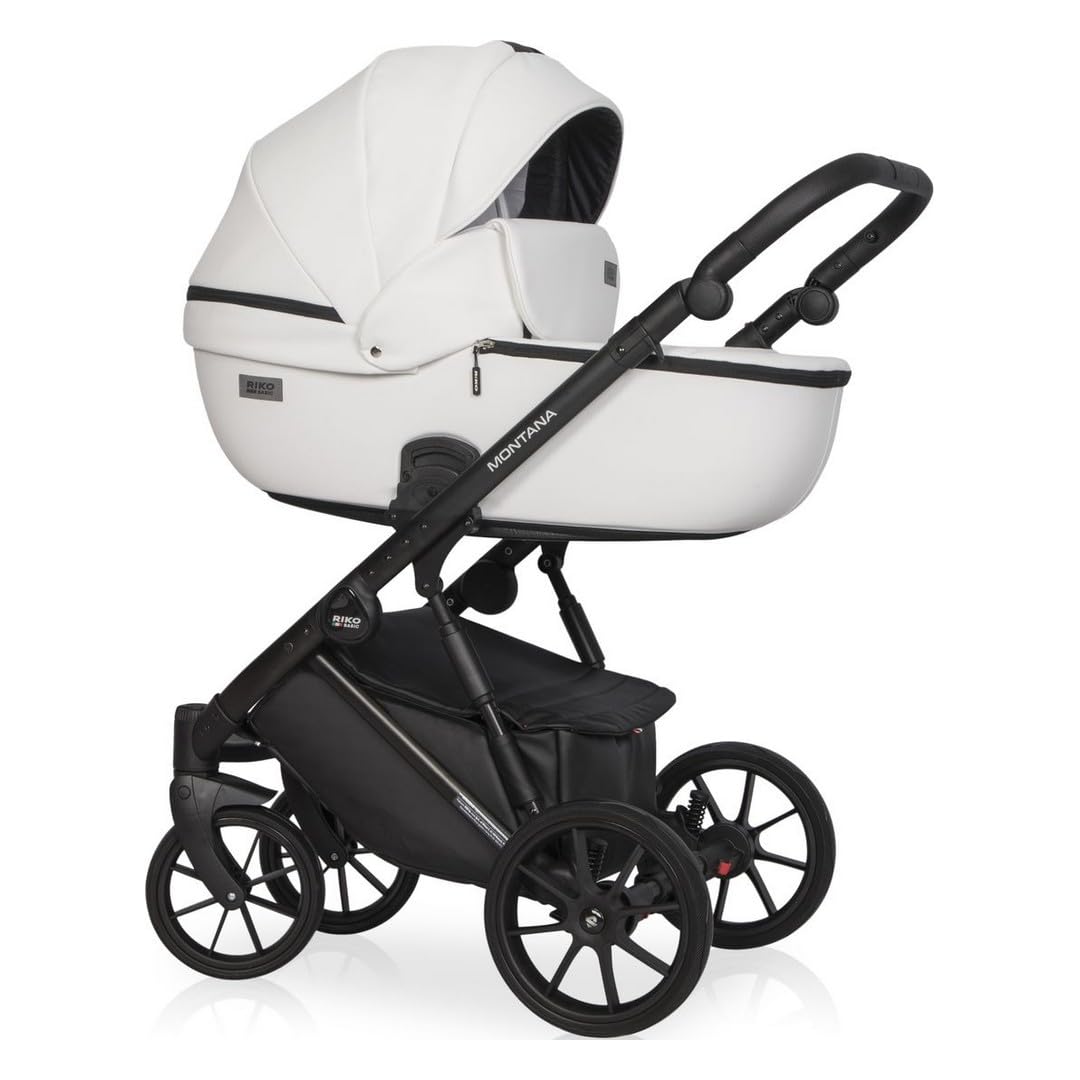 Passeggino in ecopelle Riko Basic Montana Ecco 2 in1 BBtwin. Carrello in ecopelle due pezzi e accessori. Bianco