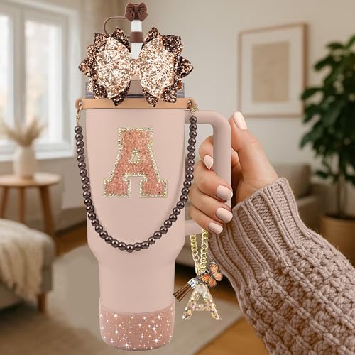 Hpebl 9PCS Brown for Stanley Cup Accessories Set Bling Initials Bow Charms for Stanley Decorations 30/40 Oz Tumbler Accessories Including Bow Straw Topper, Handle Strap, Spill Stopper（Letter A） - image 2