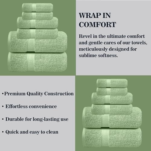 Image of Sulfar 100% Combed Cotton, 6 Pcs Towel Set - 2 Bath Towels (70 x 140 cm), 2 Hand Towels (40 x 70 cm) and 2 Face (30 x 30 cm) (600 GSM, Pack of 6) Nature Green