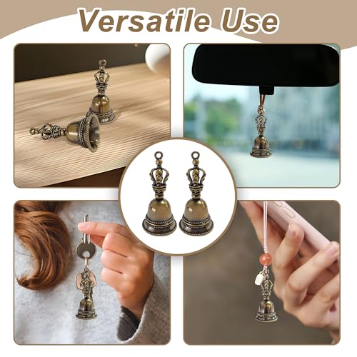 Vintage Mini Handglocke Messing Glöckchen 2 Stück, Kleine Glocke Anhänger, Handglocke Schlüsselanhänger Metall Charm, Praktische und Stilvolle Dekoration für Autoschlüssels und Taschen