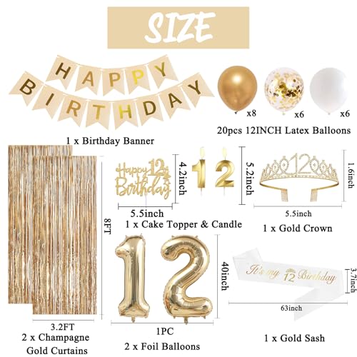 Image of Trgowaul 12th Birthday Decorations for Girls, Banner, Sash and Crown, Cake Topper, 12 Number Balloon, Fringe Curtains, Champagne Gold 12th Birthday Party Supplies