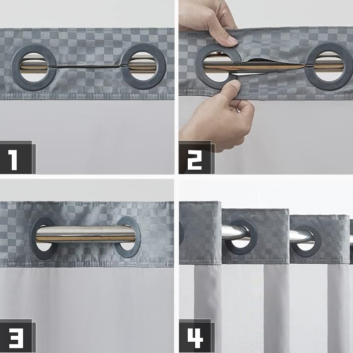 Miniatura 4 de Furlinic Cortina de ducha a cuadros sin gancho con forro de tela a presión, cortinas de baño con textura de panal con ventana superior transparente,