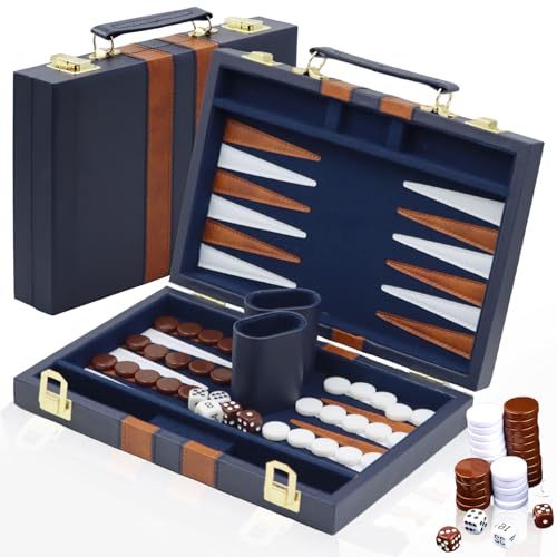 Backgammon portable en bois anti perte avec étui en cuir bleu refermable