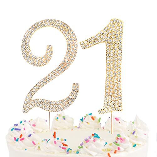Number Cake Topper 21, Uniideco Gold Rhinestone Premium Metal Bling Bling Cake Decor, Sparkly Happy Birthday Wedding Anniversary Party Decoration Centerpiece #TOP6