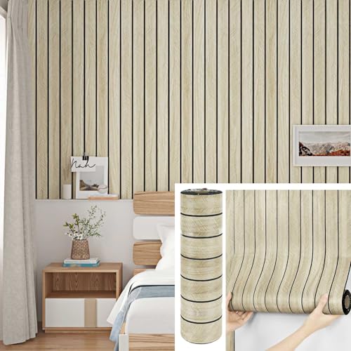 Yullpaper Panneaux muraux en bois à décoller et coller - Panneau mural en PVC beige - Panneau mural 3D à lattes en bois beige autocollant pour salon, cheminée - Panneau arrière de 30 x 300 cm