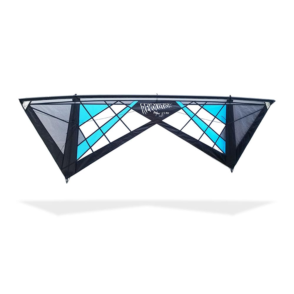 RevolutionKites Reflex RX Spider Kite (Vented Model) - Handles / Line Set / 1 Extra Rod and Sleeve (Bright Blue / Grey / Black / Black Center)