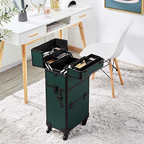 Yaheetech 3 In 1 Aluminum Cosmetic Case Professional Makeup Train Case Large Capacity Trolley Travel Case Rolling Style Dark Green #TOP3