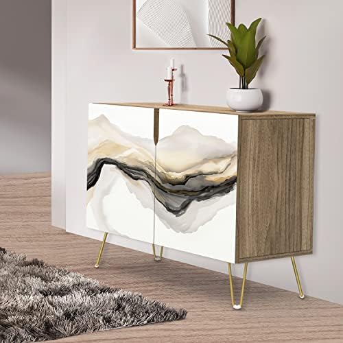 SIGNWIN Sideboard Buffet Cabinet, Kitchen Storage Cabinet with 2 Doors, Gold White Geometric Mountain, Cupboard Console Table for Dining Room - 35" L x 18" W x 29" H