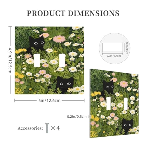 Decorative Switch Covers Plate Funny Cute Black Cat Colorful Flower Green Plant 2 Gang Wall Plate Oversized Double Toggle Light Switch Plate Wall Cover Plate Faceplate for Home Decor