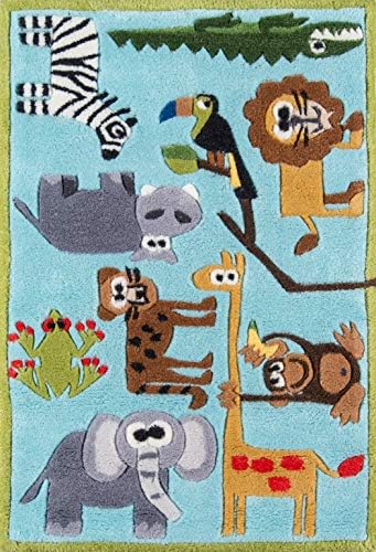 Momeni Rugs Lil' Mo Whimsy Collection, Kids Themed Hand Carved & Tufted Area Rug, 2' x 3', Multicolor Jungle Animals on Blue
