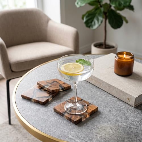 Image of Coaster Set of 4 for Dining Table - Premium Wooden Coasters with Resin Design - Tea, Coffee & Glass Drink Coasters - Luxury Table Coasters for Office Desk, Kitchen & Home Decor