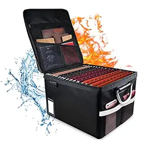 Fireproof File Box with Lock, Waterproof File Storage Organizer Anti-Static Box, Collapsible Fireproof Document Box Filing Box with Metal Handle, Portable Home Office Safe Box for Legal Folder (Black)