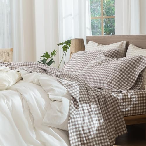 Image of MooMee Gingham Sheet Set 100% Washed Cotton Linen Like Textured Breathable Soft w /Fully Elasticized 16-19 inch Deep Pocket (Classic Gingham Brown, Queen)