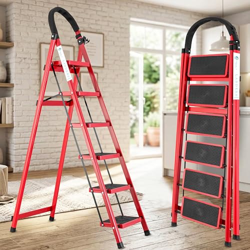 Image of Norman Jr Red 6 Step Ladder for Home Use with Built-in Tool Tray | Heavy Duty D Shape Rods | Ultra Large Platform | Wide Rubber Feet | 150Kg Capacity Foldable Ladder - 7 Years Warranty