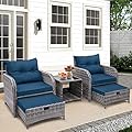 FYRICKYLINOO 5 Pieces Wicker Outdoor Patio Chairs Set with Ottoman, All Weather PE Rattan Patio Conversation Furniture Set Outdoor Furniture Set with Hidden Ottoman, Blue