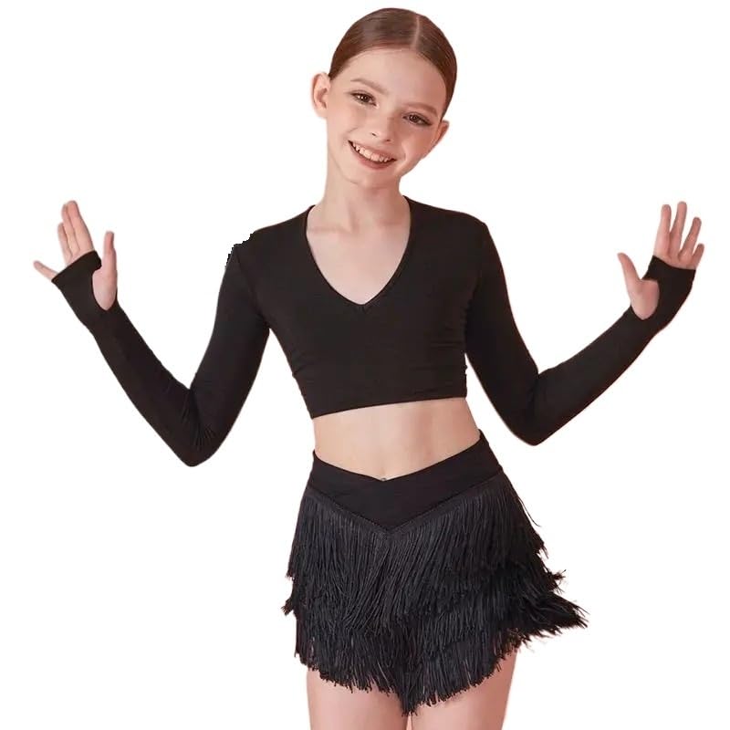Ensemble de danse latine, vêtements for filles, haut à manches longues, jupe à franges, pratique