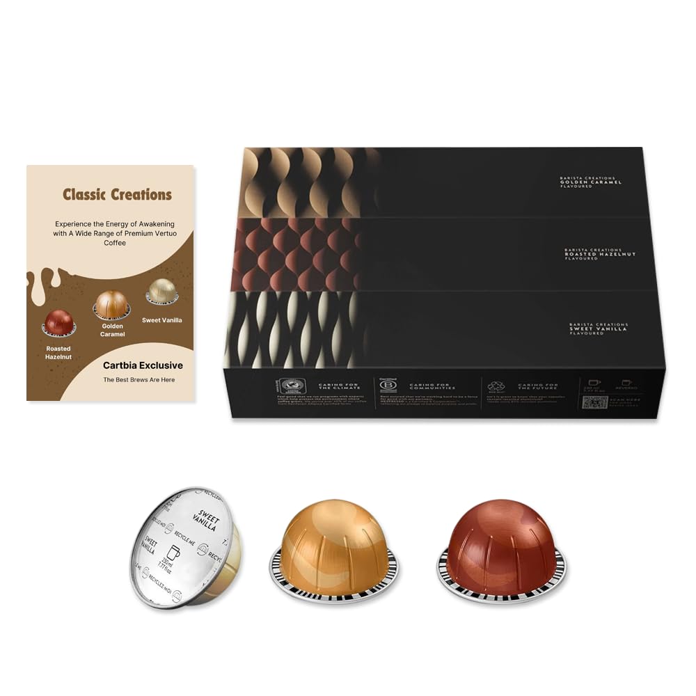 Barista Creations Vertuo Capsules – 10 Vanilla Coffee, 10 Golden Caramel, 10 Roasted Hazelnut - Coffee Pods for Nespresso Vertuo Machines