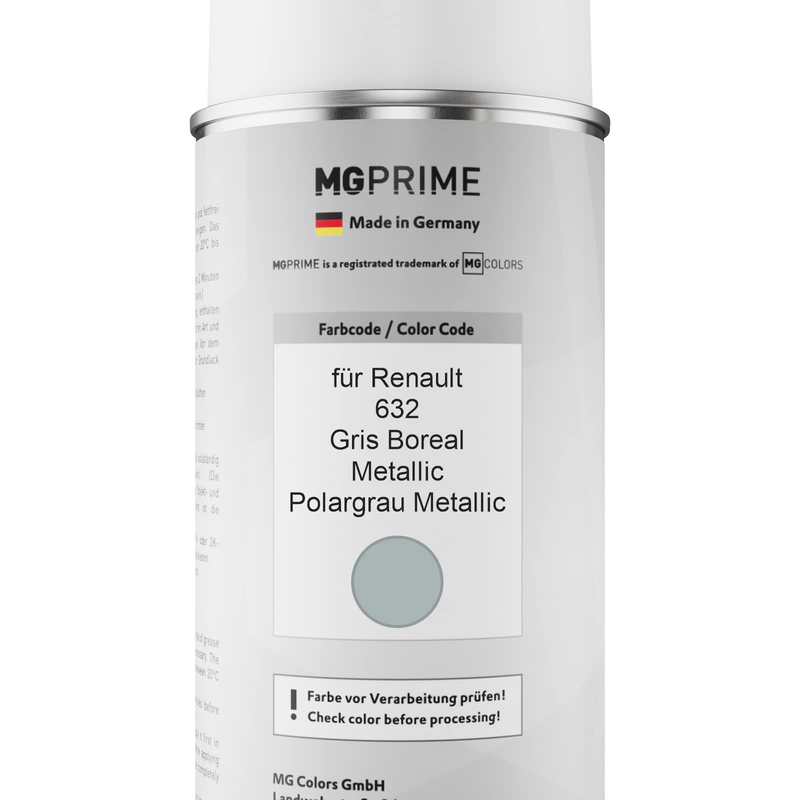 MG PRIME Peinture voiture Bombe aérosol pour Renault 632 Gris Boreal M. +1K | Polargrau Metallic / Gris Boreal Metallic, Kit peinture de base + vernis, bombes aérosols 400ml