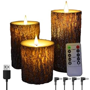 NICEME Rechargeable LED Pine Bark Flameless Candles with Timer Remote USB Cable, Brown Real Wax USB Candles Flickering Fireplace Cabin Decor Electric Fake Battery Pillar Bark Candles, D 3”×H 4”5”6”