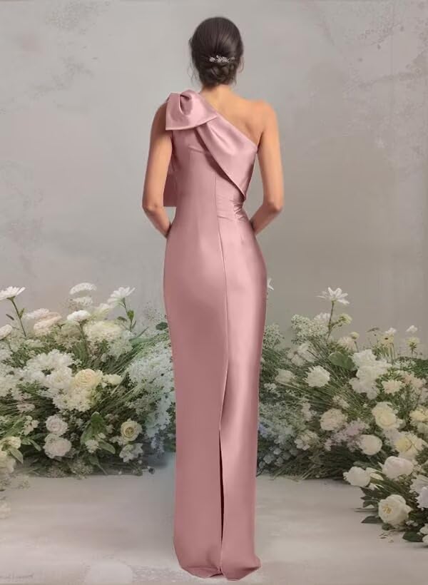 One Shoulder Prom Dresses for Women Mermaid Satin Cocktail Dresses Long Bodycon Formal Evening Party Gowns with Bow3