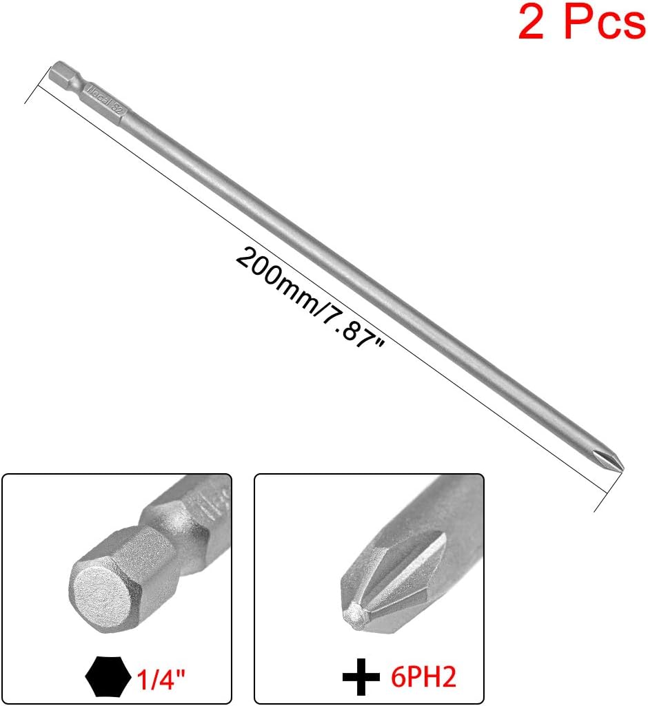 uxcell 2Pcs 1/4-Inch Hex Shank 200mm Length Phillips 6PH2 Magnetic Screw Driver S2 Screwdriver Bits