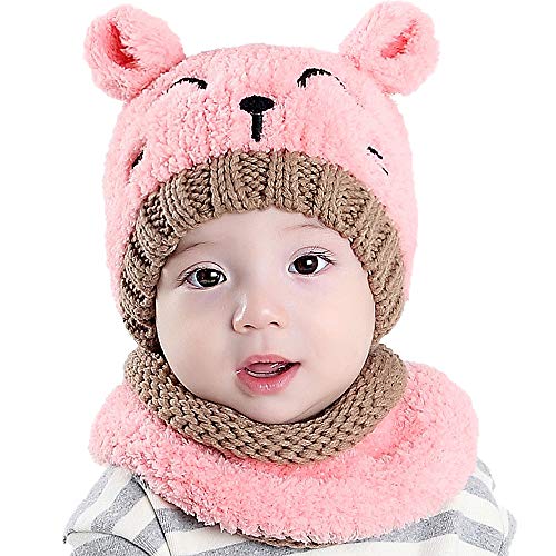 Luoistu Baby Wintermütze Winterschal Beanie Kinder mütze Strickmütze Süß Warmen Kaschmir Mütze Schal set für jungen mädchen 6-36 Monaten(Pink)