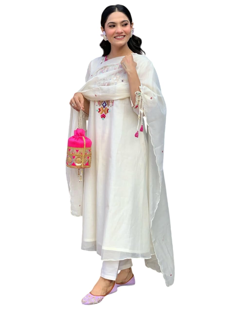 Women's Cotton Mirror Work Embroidered Straight Kurti with Pant and Dupatta Set-image-46