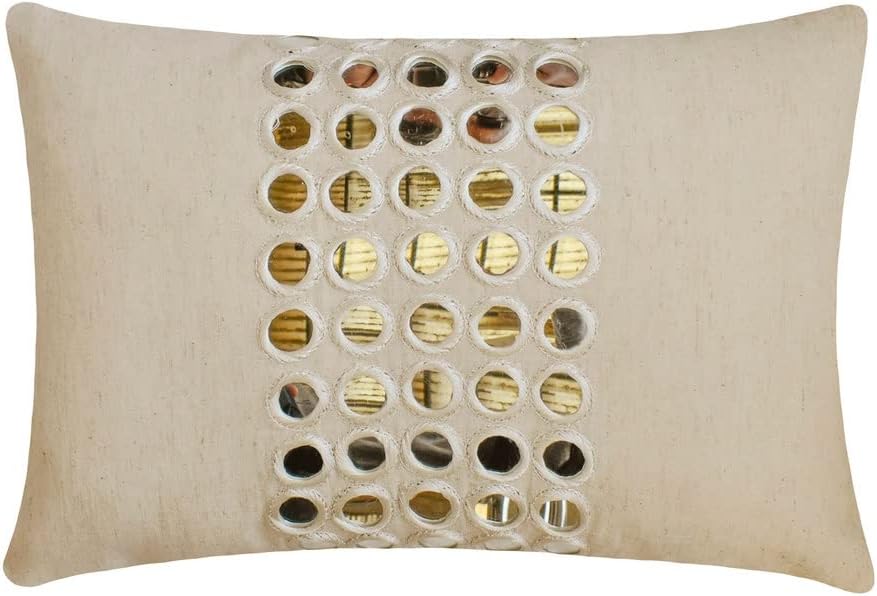 The HomeCentric Decorative Beige 12"x16" (30x40 cm) Lumbar Pillow Cover, Linen Mirror Embroidery Oblong Pillow, Geometric Pattern Contemporary Style - Aaina