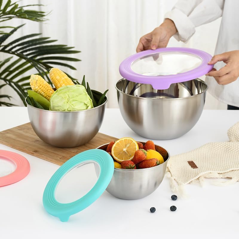 Miniatura 2 de Juego de cuencos para mezclar con tapas, 3 piezas de acero inoxidable, juego de cuencos de metal para cocinar, hornear, preparar y almacenar