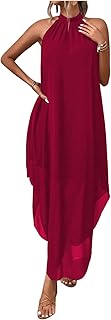 Women's Fall Formal Wedding Guest Dress Halter Flowy Sleeveless Asymmetrical Boho Maxi Dress