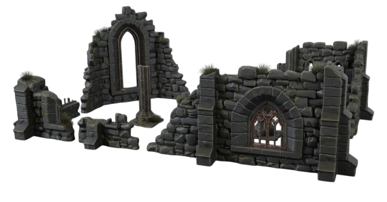 9er Set Klosterruinen für Tabletop – 28mm & 32mm Gelände Gotische Ruinen, 3D-Druck aus PLA-Kunststoff, Tabletop Zubehör für Wargaming, Miniaturen, D&D & Warhammer 40k, Grau