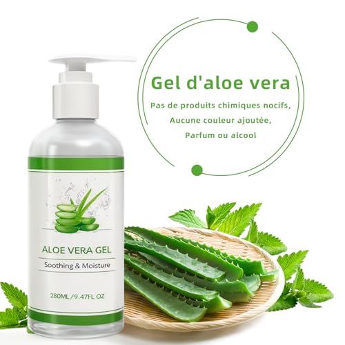 Aloe Vera Gel 280ml, 100 pour cent Gel d'Aloé Vera Bio Pur Apaisant Naturel et Hydratant Nourrissant, Crème Hydratante à l'aloe Vera pour le Visage, les Cheveux et le Corps, Après Soleil et Capillaire – vue 2