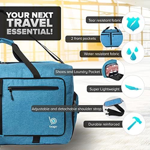 Bago Foldable Duffel Bags for Traveling Women & Men - 60L Medium Packable Duffle Bag for Travel with Shoe Compartment - Water Repellant, Heavy Duty, Lightweight Folding & Collapsible (SnowBlue) - Image 5