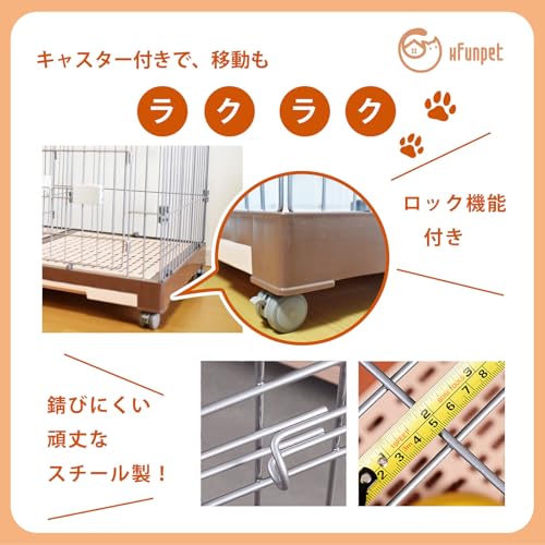 HFunpet 犬 ケージ ペットゲージ 大型犬 ゲージ 【90*60*58CM】ダブルドア 犬 ゲージ 小型犬 組み合わせ自由 トレー付き キャスター付き ロック可能 『2025年革新版』 2匹同時用 犬猫兼用 室内外兼用 折り畳み式 掃除簡単 移動便利 スチール製 犬 ゲージ 小型犬 中型犬 ロック可能 脱走防止 の商品画像 5