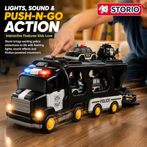 Image of Storio 5 in 1 Police Truck Toy for Kids 3-5 Years Boys | Transport Carrier Truck Set with Police Cars Helicopter Bus | Friction Powered Light Sound Toys for Toddlers 3 4 5 6 7 Years Old Gift