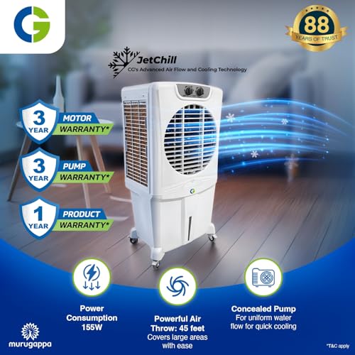 Image of CG Beluga 115L Desert Air Cooler for Home | Inverter Compatible | Ice Chamber | Castor Wheels | Water Level Indicator | Up to 45 Ft Air Throw | 3 Yr Motor and Pump Warranty | 1 Yr Product Warranty
