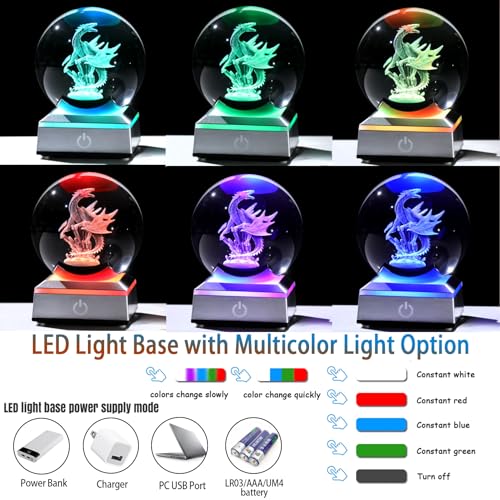 Image of Ornalrist 3D Dragon Crystal Sphere Gifts for Women Men Kids with Colorful LED Light Base 3.15 inch, Dragon Night Light for Boy Girl Xmas Cool Dragon Figurines Home Decor