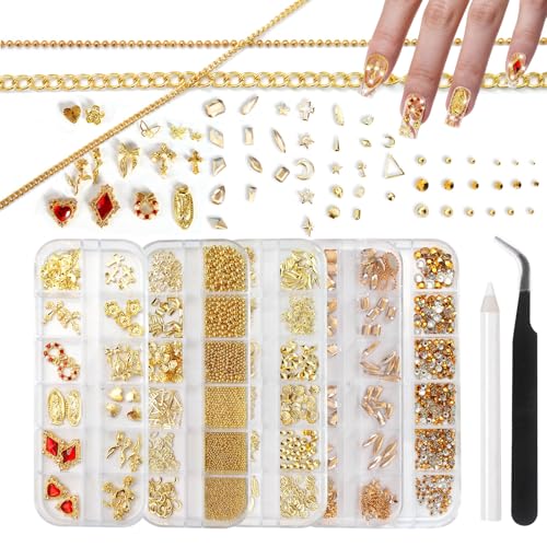 SIUSIO Gold Nail Charms and Gems Kit, 5 Boxes Metallic Nail Art Gems Flatback Crystal Champagne Rhinestones Gold Caviar Beads 3D Cross Stars Rose Hearts Virgin Mary Bow Gemstones for Nails Manicure